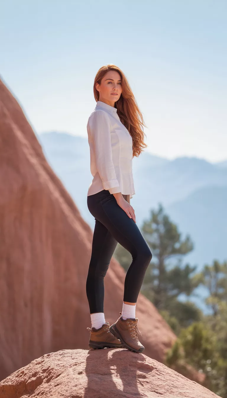 A beautiful 30-year-old woman in a white long-sleeve top, black leggings, white socks, and brown hiking boots, she stands on a large red rock.