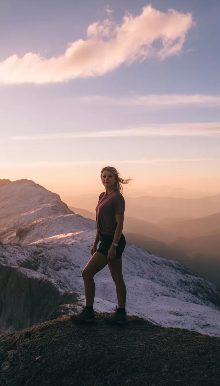 A beautiful 35-year-old woman in a maroon t-shirt and black shorts, she stands atop a rocky mountain peak with snowy slopes visible in the background.