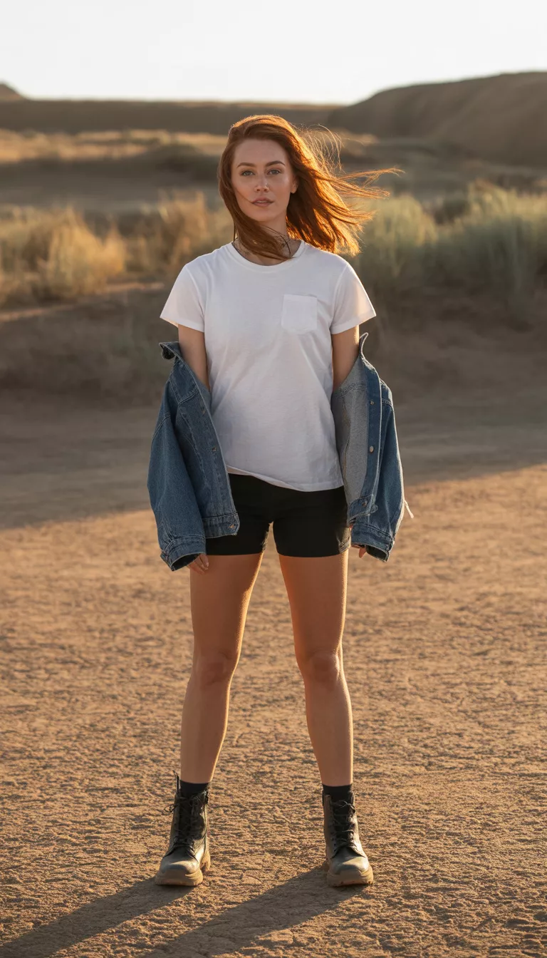 A beautiful 23-year-old woman in a white graphic t-shirt, black shorts, a blue denim jacket, a green cap, and black boots, she stands on dry terrain.