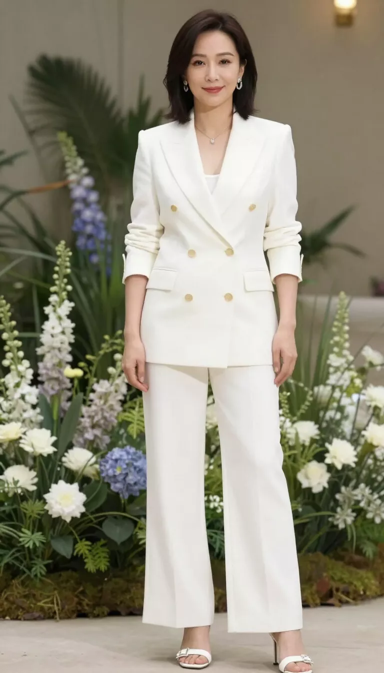 A beautiful 48-year-old woman in an all-white suit with a double-breasted blazer and wide-leg pants, white buckle sandals, standing in front of flowers.