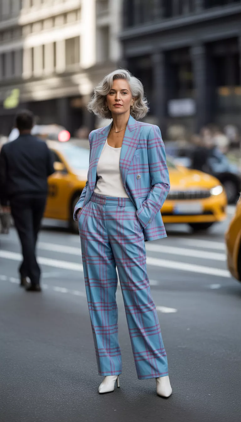 Plaid Tailored Suit and White Boots A beautiful 49-year-old woman with silver hair in a light blue and pink plaid tailored suit, a white top, and sharp white pointed-toe boots, on a busy street.