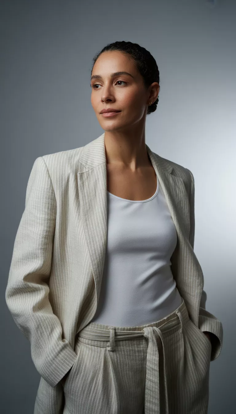 Beige Linen Suit with Tie Waist A beautiful 45-year-old woman in a beige pinstriped linen blazer, matching tie-waist trousers, and a white tank top, posing in a studio setting.