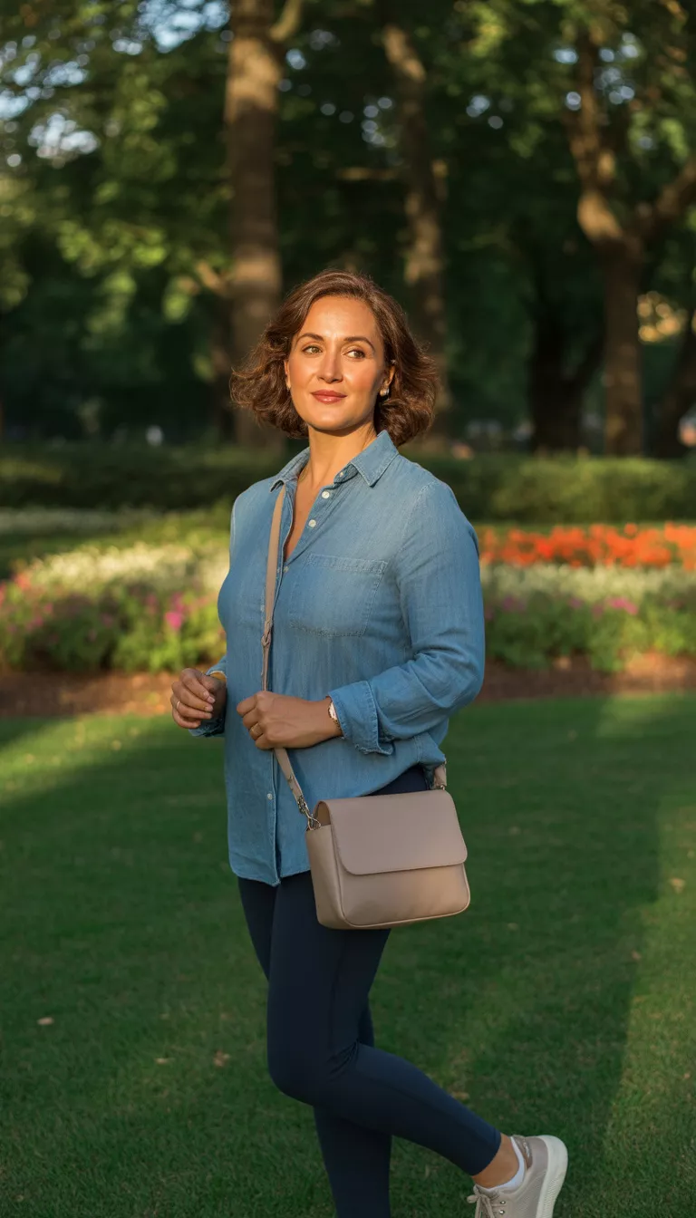 Denim Shirt and White Sneakers A beautiful 44-year-old woman in a light blue denim button-down shirt, dark leggings, white sneakers, and carrying a small neutral bag, in a park setting.