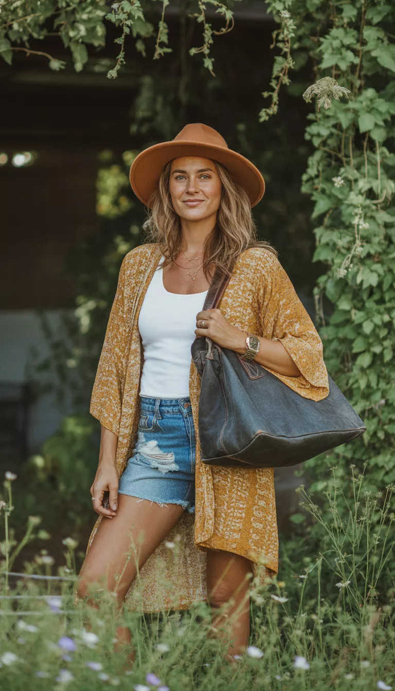 Mustard Kimono and Distressed Shorts A beautiful 43-year-old woman in a mustard yellow patterned kimono, white top, distressed denim cut-off shorts, a wide brown hat, and a large dark bag.