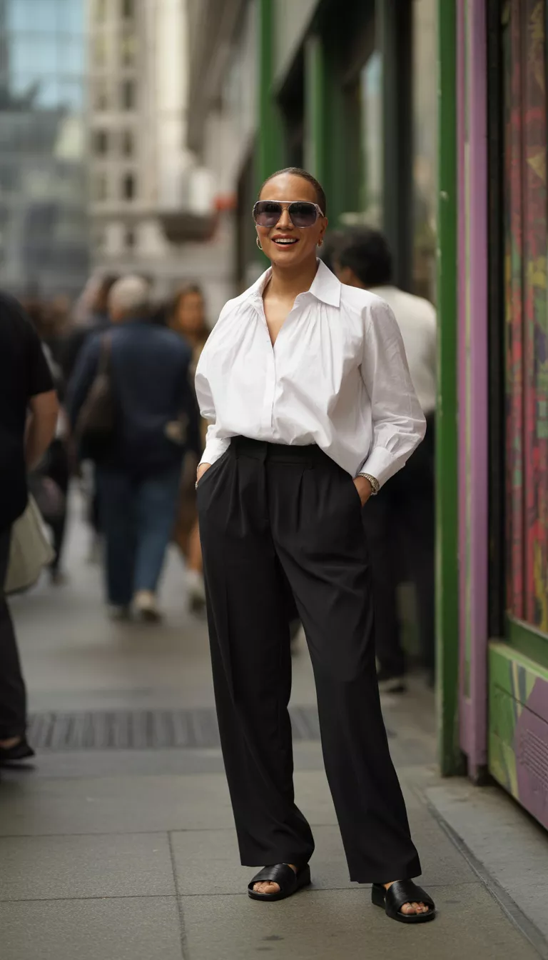 White Voluminous Blouse and Black Trousers A beautiful 47-year-old woman in a voluminous white collared blouse, loose black wide-leg trousers, large sunglasses, and black flat slide sandals, on a city sidewalk.