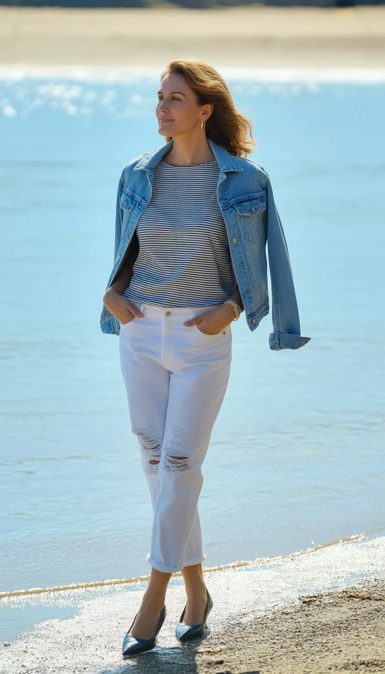 Striped Top and Ripped White Jeans A beautiful 45-year-old woman in white ripped ankle-length jeans, a navy and white striped top, a light denim jacket, and black pointed flats, standing by bright blue water.