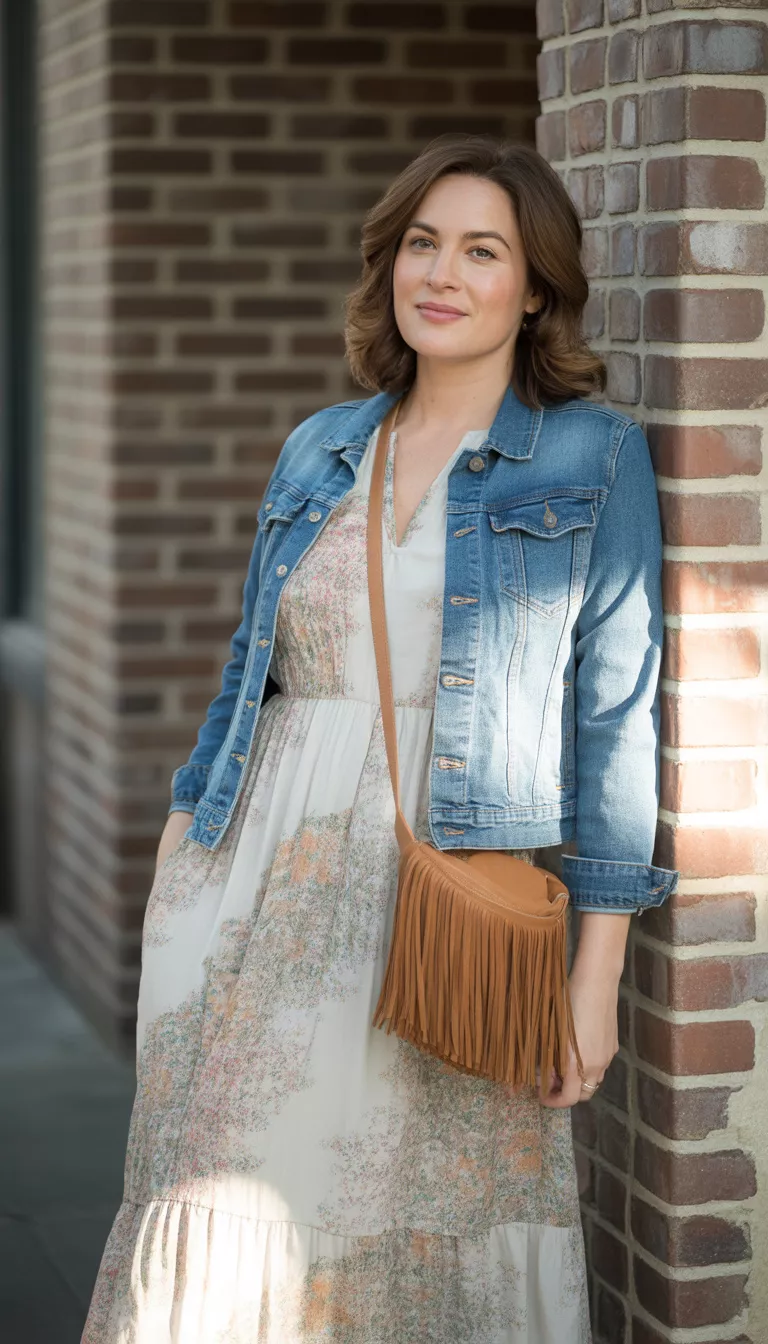 Floral Maxi Dress and Denim Jacket A beautiful 41-year-old woman in a white flowing maxi dress with a colorful muted floral print, light blue denim jacket, and a tan fringed crossbody bag, by a brick wall.