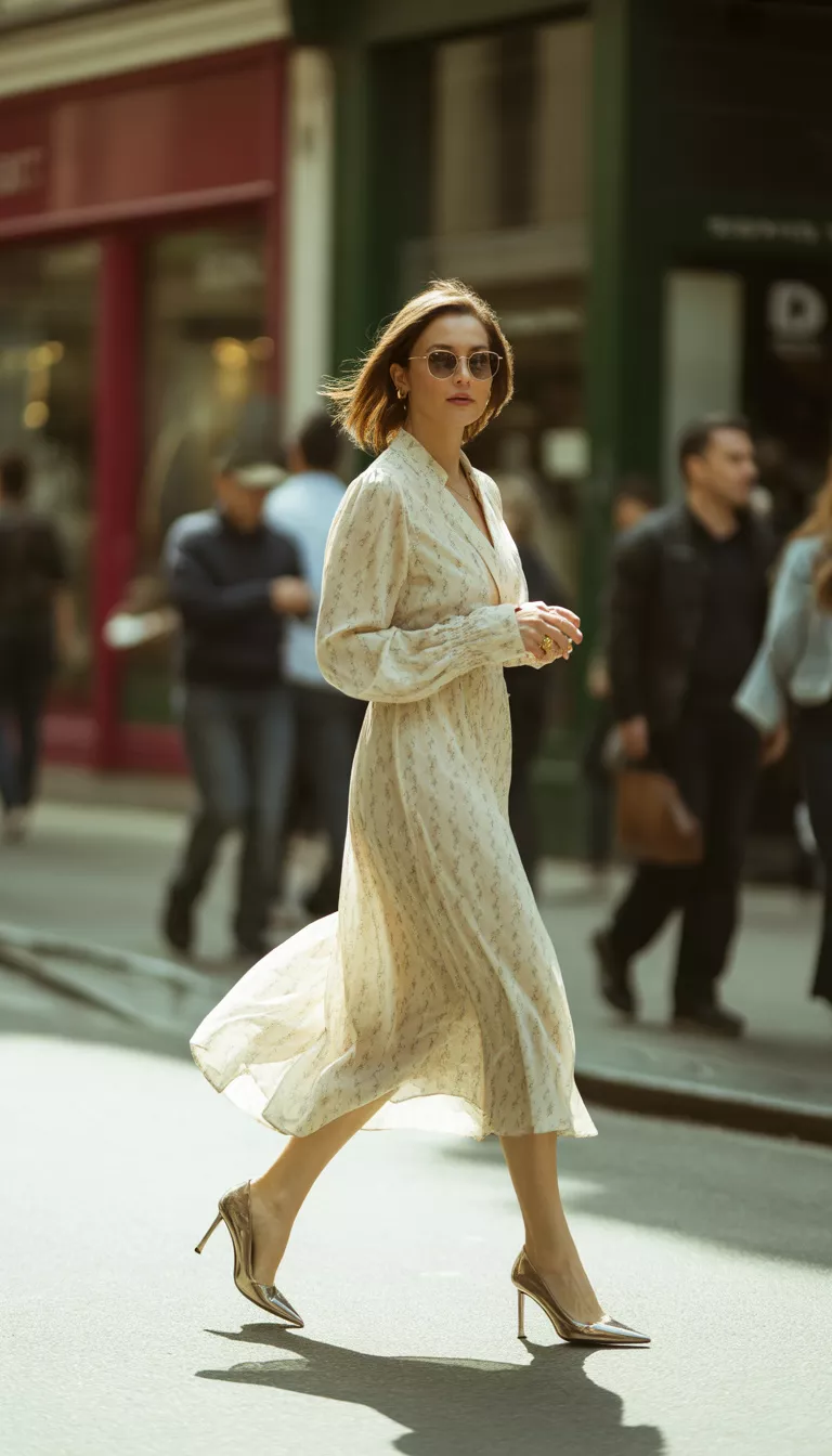 Cream Floral Midi and Metallic Heels A beautiful 44-year-old woman in a cream floral midi dress with long sleeves, pointed metallic heels, holding a book, and wearing dark sunglasses, walking on a city street.