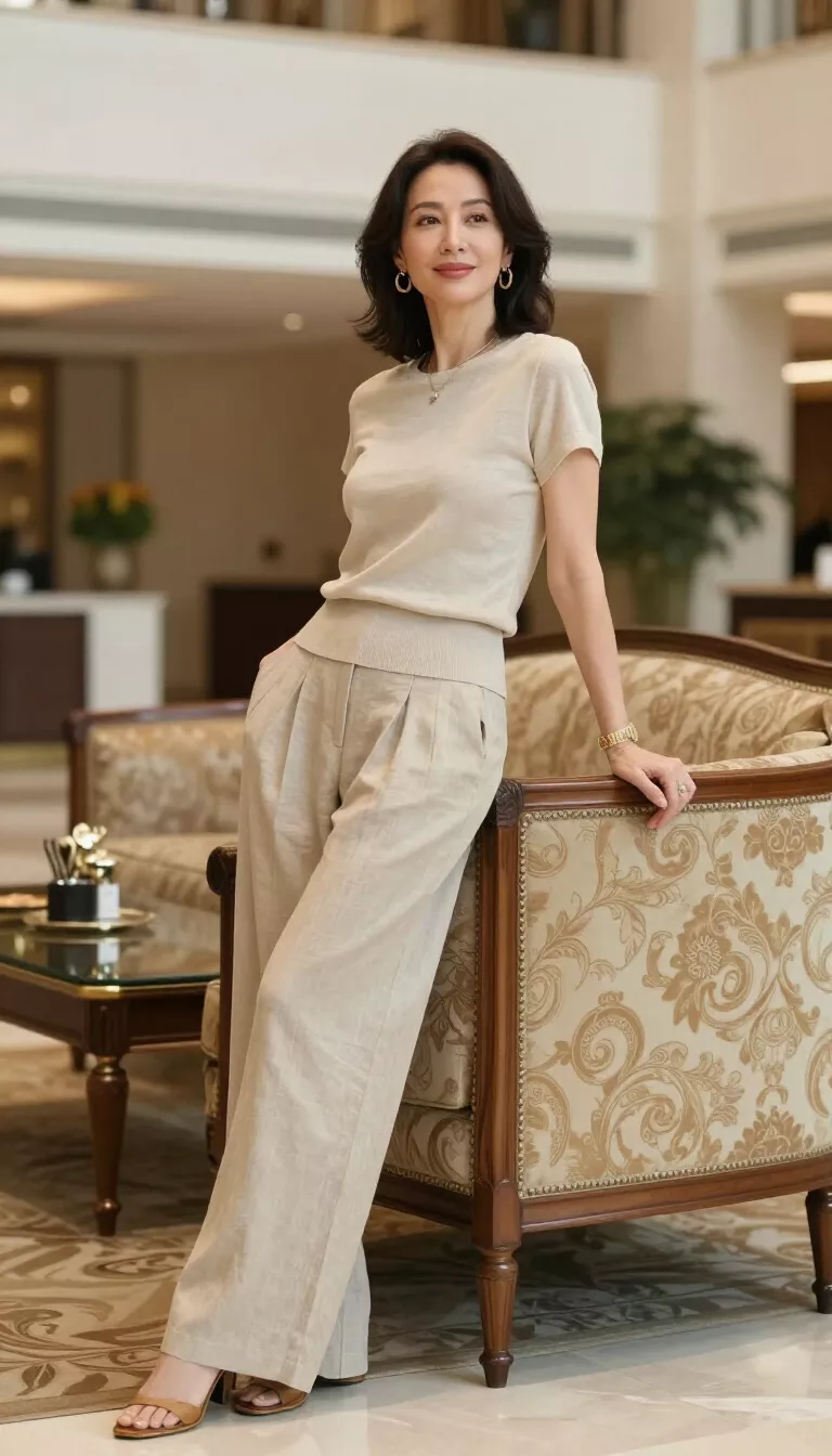 Beige Wide Leg Linen Ensemble A beautiful 55-year-old woman in a beige short-sleeved top and matching wide-leg linen pants, she poses leaning on an ornate patterned armchair in a lavish indoor lobby.