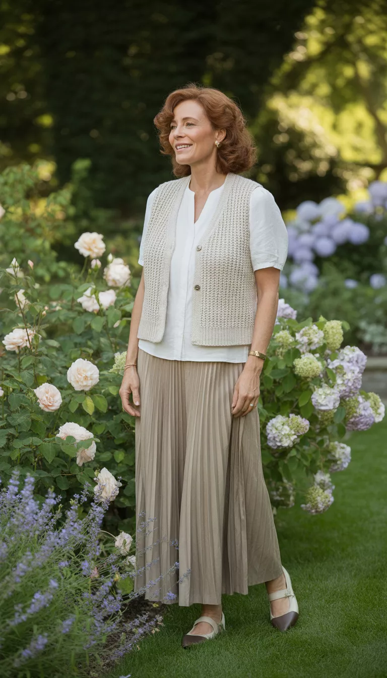 Knit Vest And Pleated Khaki Skirt A beautiful 57-year-old woman in a cream-colored knit vest, a long pleated khaki skirt, and two-tone cap-toe flats in a garden setting.