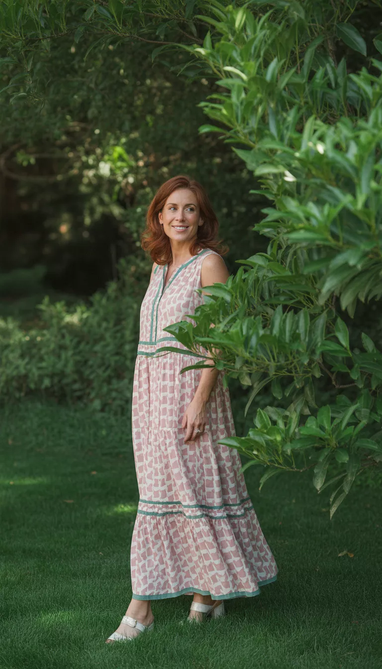 Pink And White Block Print Maxi A beautiful 51-year-old woman in a pink and white block print tiered maxi dress with green trim, she stands confidently on grass near dense green foliage.