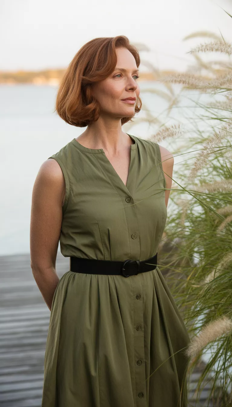 Olive Green Button Front Midi A beautiful 56-year-old woman in a sleeveless olive green button-front midi dress cinched with a black belt, she stands on a deck with wispy grasses.