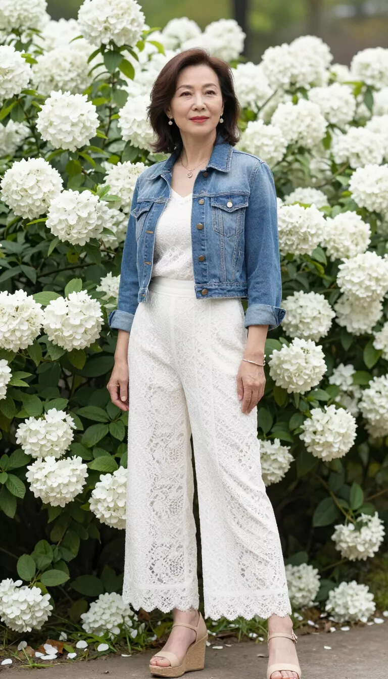 Lace Jumpsuit And Denim Jacket A beautiful 58-year-old woman in a white lace jumpsuit layered with a cropped denim jacket and wedge sandals, nestled among white hydrangeas.