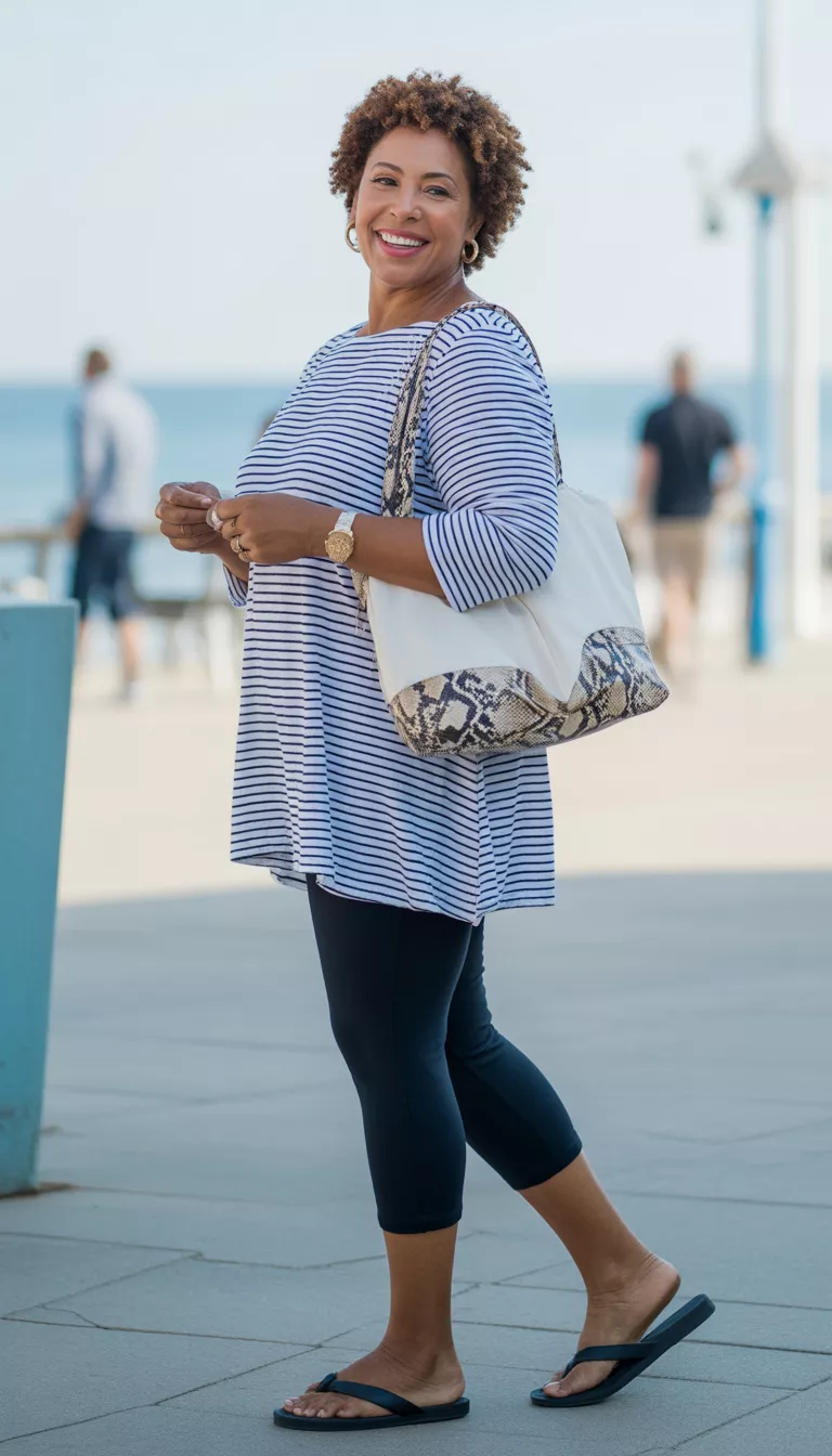 Striped Tunic And Capri Leggings A beautiful 55-year-old woman in a navy and white horizontal striped tunic top over black capri leggings and black flip-flops, carrying a white purse with snakeskin detail.