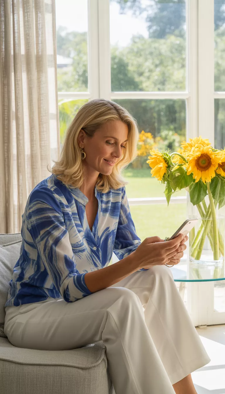 Abstract Print Blouse And White Trousers A beautiful 51-year-old blonde woman in a blue and white abstract print blouse and white trousers, she sits in a bright sunroom looking at her phone.