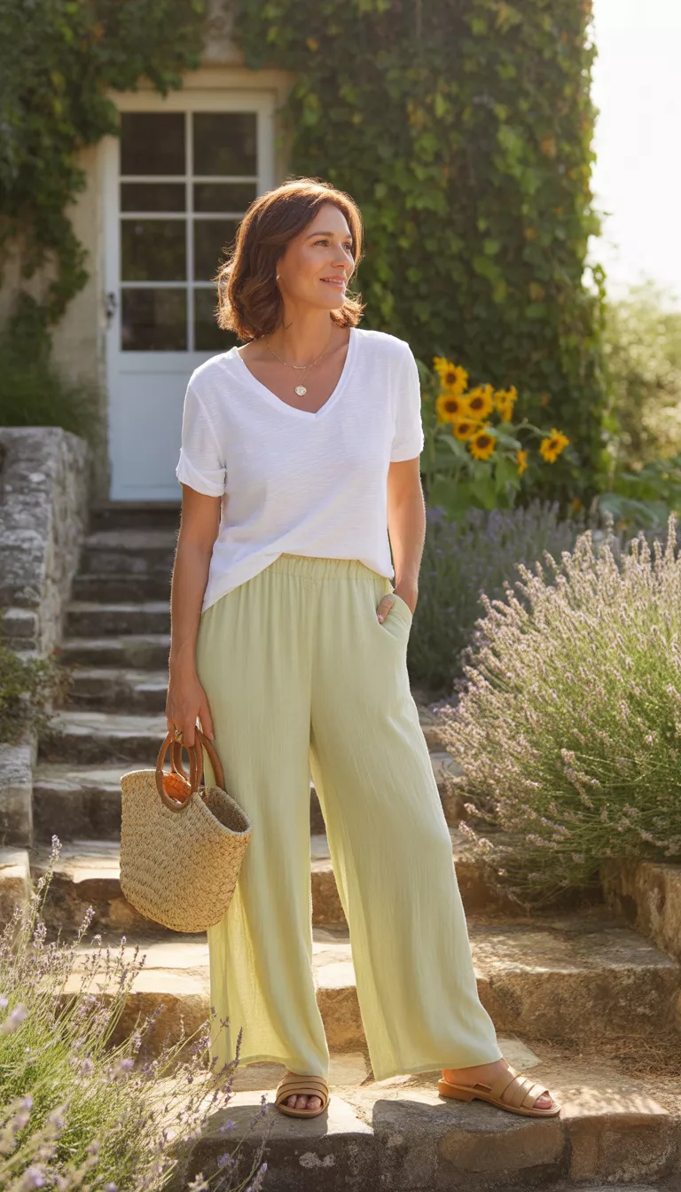 White Tee And Pale Yellow Wide Leg Pants A beautiful 53-year-old woman in a white V-neck t-shirt, flowing pale yellow wide-leg pants, and tan sandals while carrying a straw bag on front steps.