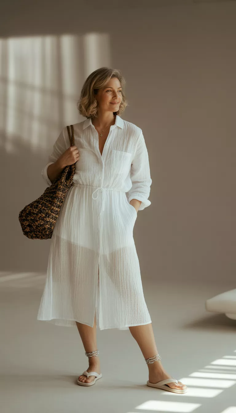 White Sheer Linen Shirt Dress A beautiful 54-year-old woman in a sheer white linen-look midi shirt dress with a drawstring waist and white flip-flops, she carries a dark woven bag in a studio.