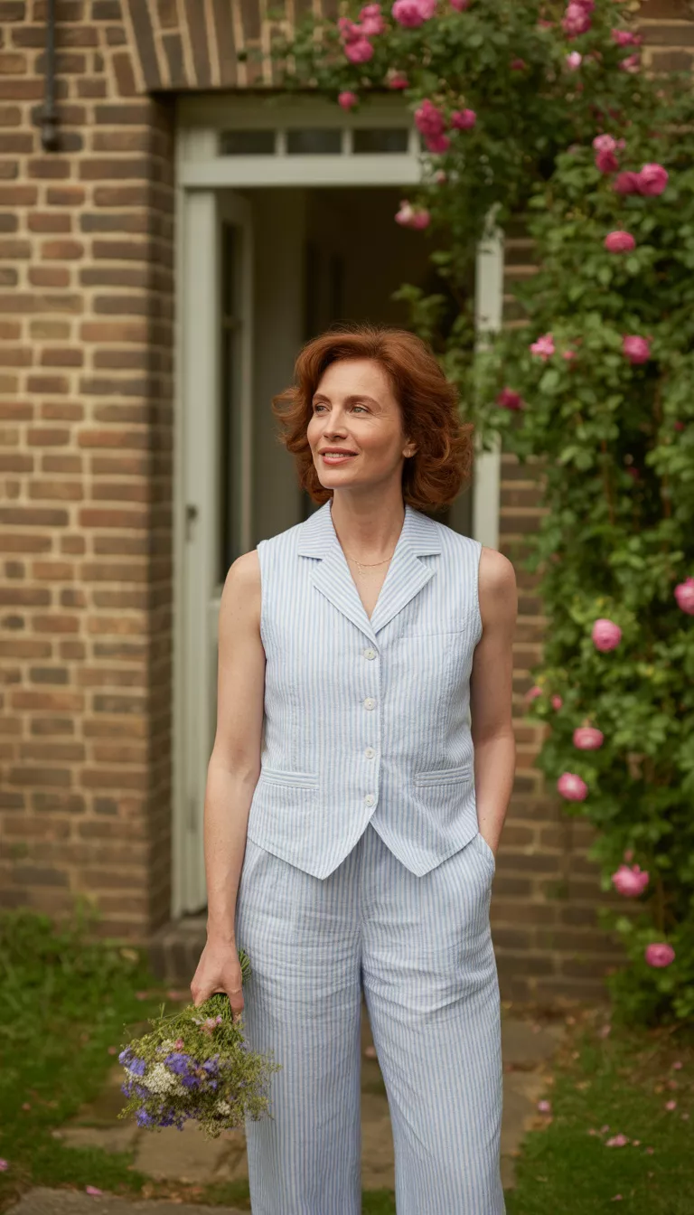 Striped Linen Two Piece Set A beautiful 58-year-old woman in a light blue and white striped linen two-piece set featuring a sleeveless vest and trousers, she stands before a brick home entrance.