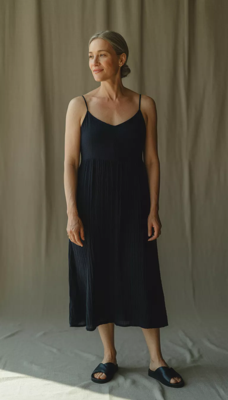 Simple Black Midi Sundress A beautiful 50-year-old woman in a simple black midi sundress with thin spaghetti straps and black flat sandals, against a plain background.