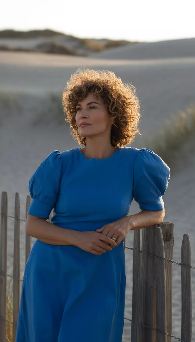 Royal Blue Puffed Sleeve Midi A beautiful 57-year-old woman with curly hair in a bright royal blue midi dress with puffed short sleeves, she stands by a wooden fence on a sandy outdoor dune area.