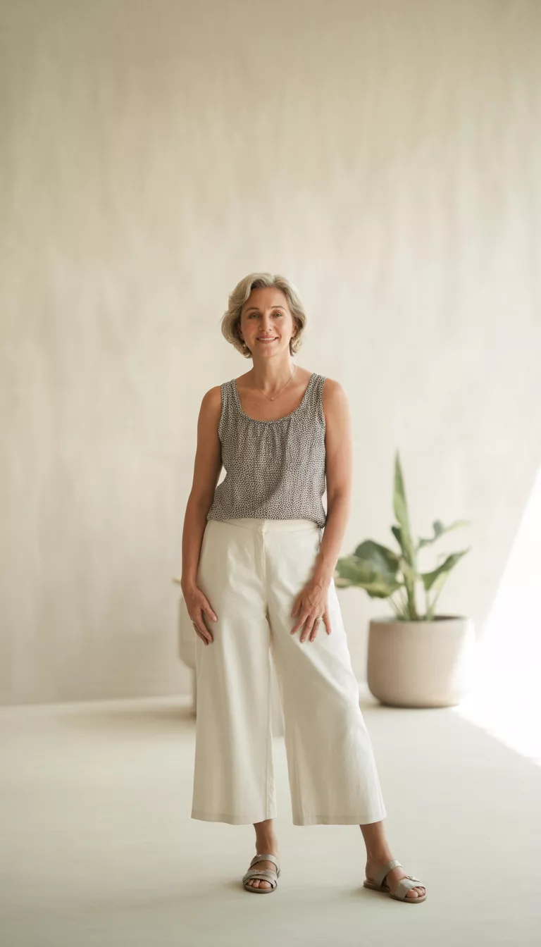 Wide Leg Pants And Printed Tanks A beautiful 67-year-old woman in a black and white print tank top tucked into wide leg white cropped pants and brown flat sandals, she poses in a bright beige studio.