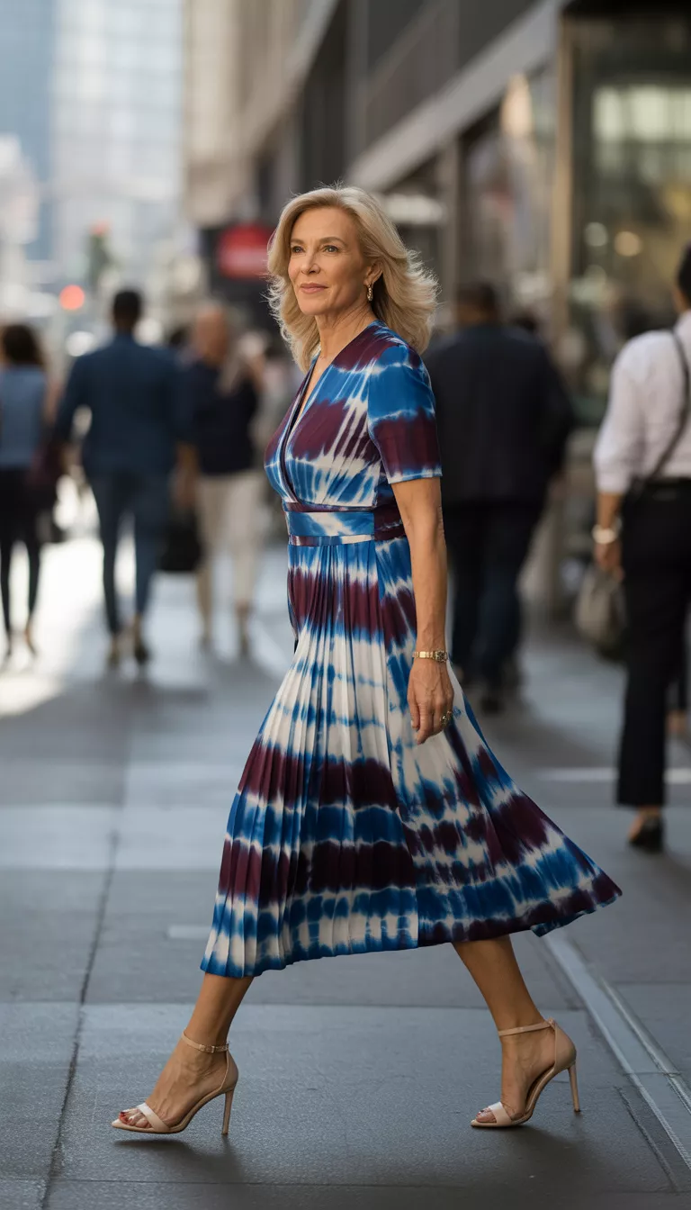 Tie Dye Plaid Fusion A beautiful 62-year-old woman in a blue, white, and burgundy tie dye plaid midi dress with short sleeves and nude ankle strap high heels, she walks in an urban setting.