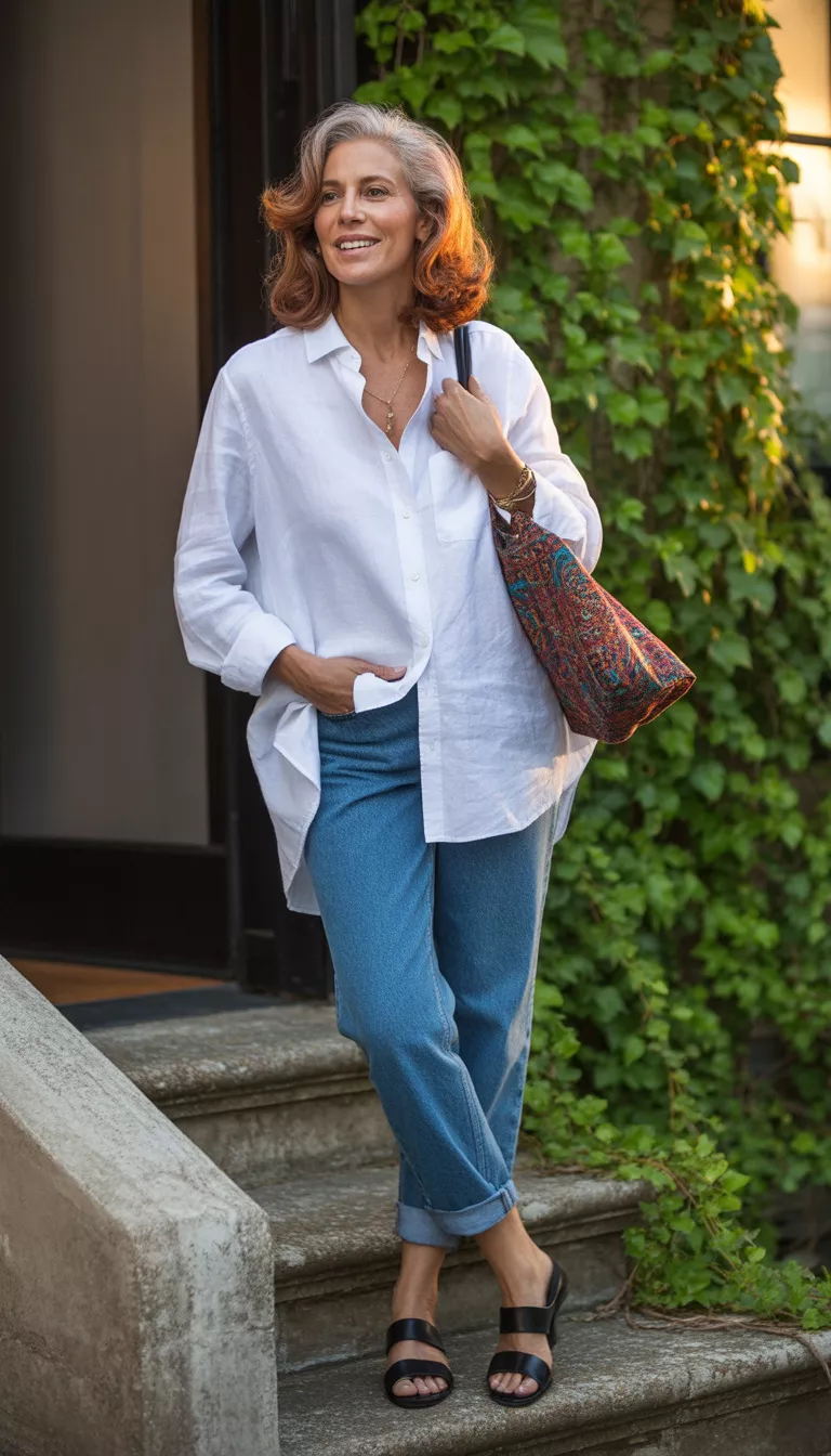 Modern Oversized Proportions A beautiful 69-year-old woman in a dramatically oversized white button down shirt over cuffed blue jeans with black sandals and a patterned tote bag, she poses on concrete steps.