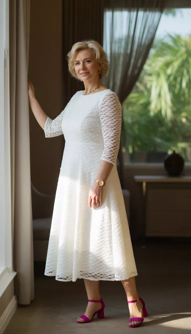 Elegant Lace And Magenta Accents A beautiful 61-year-old woman in an elegant white three quarter sleeve lace A line dress with bright magenta ankle strap sandals and a gold watch, she stands elegantly.