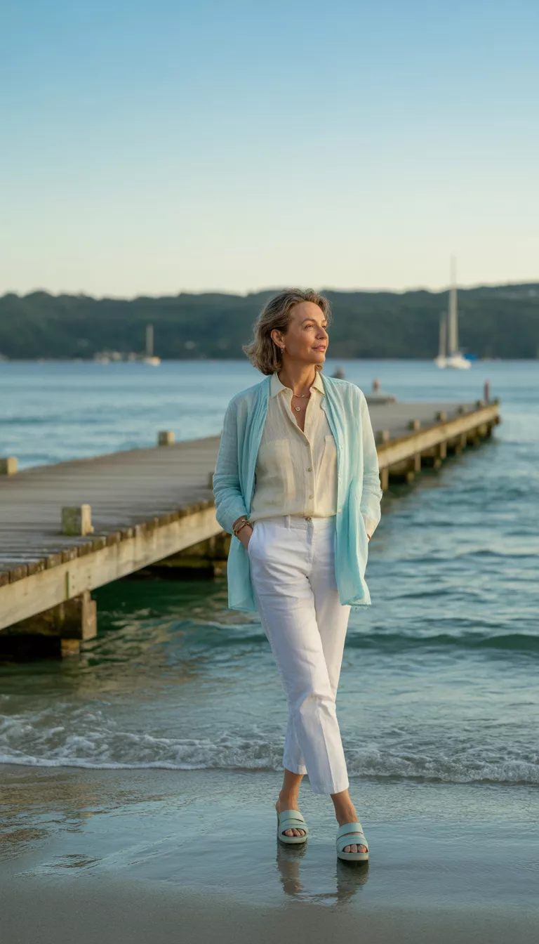 Waterfront Aqua Layers A beautiful 64-year-old woman in white pants, a cream button down shirt, and a long light aqua cardigan with light platform slides, she stands near a waterfront structure.