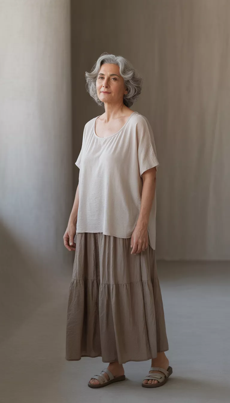 Tiered Earth Tones A beautiful 69-year-old woman in a loose beige scoop neck top tucked into a flowing tiered brown maxi skirt, she wears simple brown flat sandals in a studio setting.