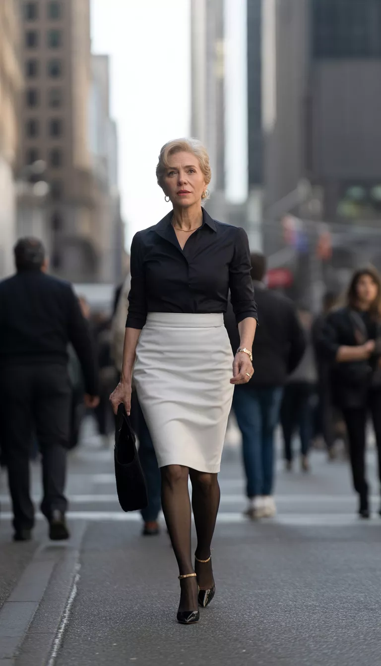 Monochrome Contrast In The City A beautiful 65-year-old woman in a black collared shirt tucked into a white pencil skirt with sheer black tights and black high heeled ankle strap shoes, she walks on a city sidewalk.