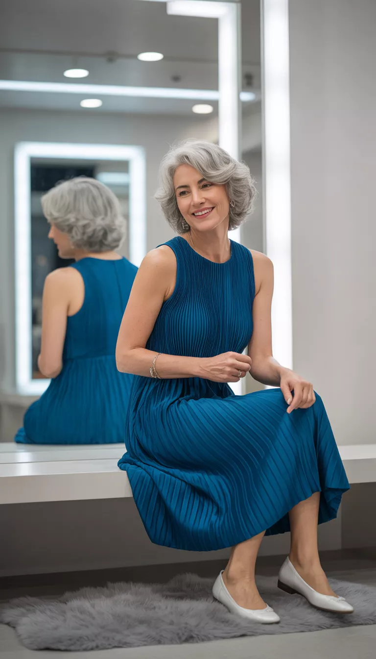 The Pleated Teal Midi A beautiful 62-year-old woman in a vibrant pleated teal blue sleeveless midi dress and white ballet flats, she takes a mirror selfie in a stylish store fitting room.