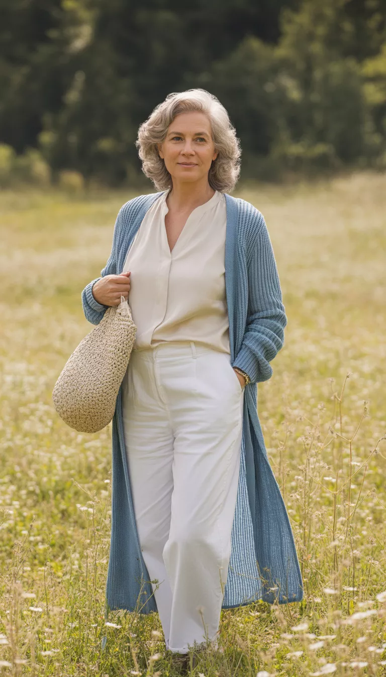Layered Cream And Light Blue A beautiful 65-year-old woman in white wide leg pants, a cream blouse, and a long light blue knit cardigan, she carries a woven light beige bag outdoors.