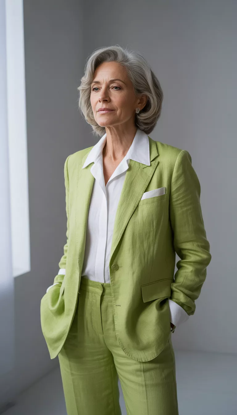 Lush Lime Linen Suiting A beautiful 68-year-old woman in a vibrant lime green linen suit with a white collared shirt underneath, she poses against a plain light gray studio backdrop.