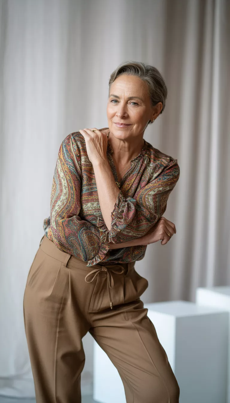 Paisley Prints And Drawstring Trousers A beautiful 63-year-old woman in a multicolored paisley print blouse with ruffled sleeves tucked into brown drawstring trousers, she poses casually in a studio.