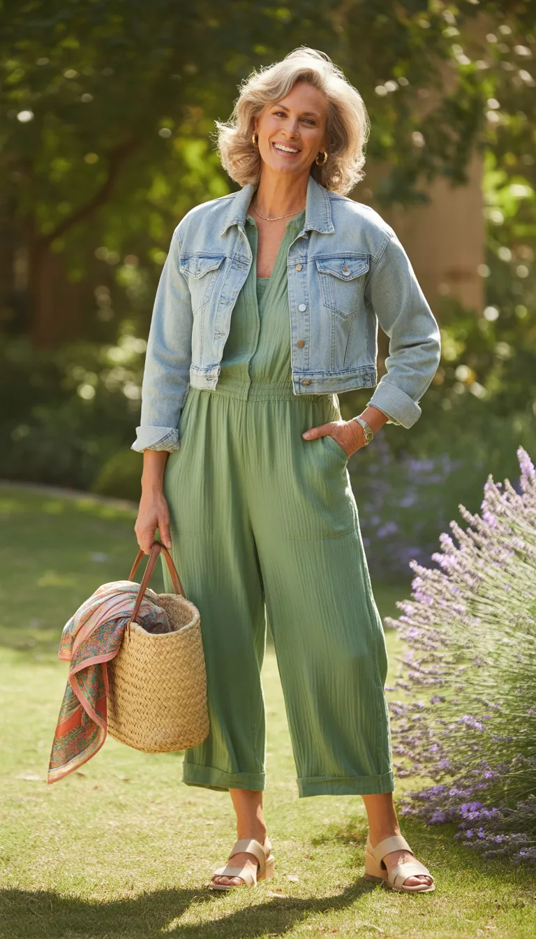 The Denim Layered Jumpsuit A beautiful 64-year-old woman in a green jumpsuit layered with a cropped light wash denim jacket and light sandals, she carries a woven tote outdoors.