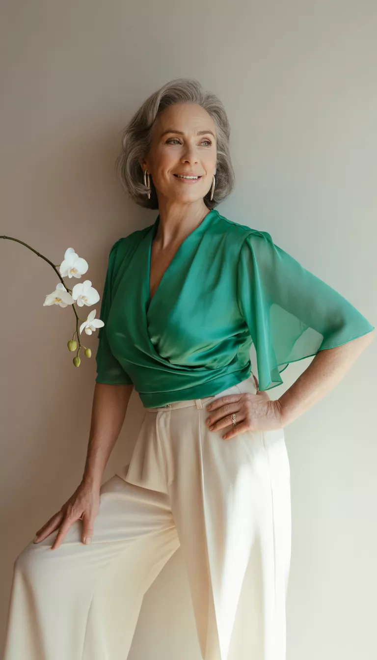 Vibrant Green Satin Wrap A beautiful 60-year-old woman in a bright green satin wrap top with flutter sleeves and wide leg white trousers, she poses against a neutral background.