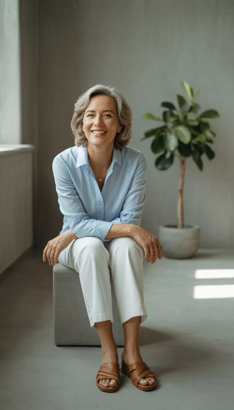 Classic Blue And White Studio Chic A beautiful 60-year-old woman in a light blue button down shirt tucked into white cropped wide leg pants and brown leather slides, she poses smiling in a studio.