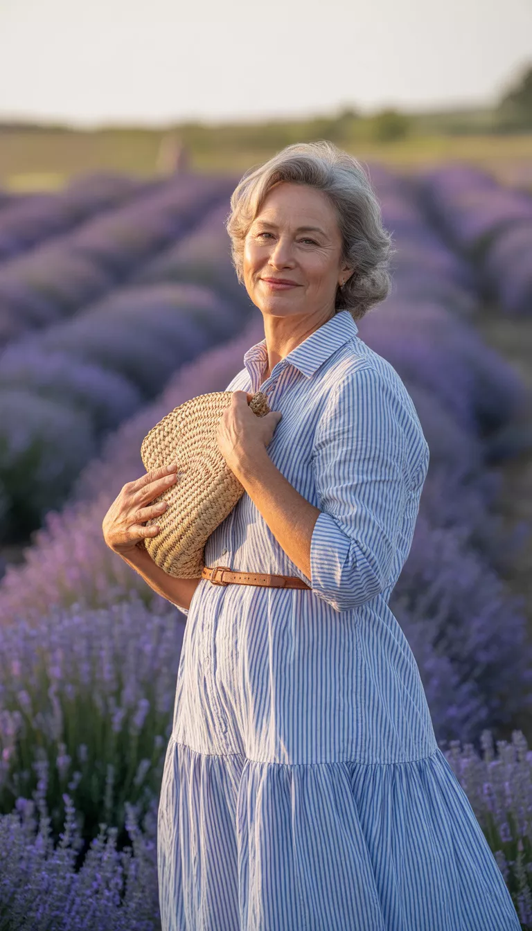 The Striped Tiered Shirtdress A beautiful 66-year-old woman in a blue and white striped tiered shirtdress cinched with a thin brown belt, she holds a straw clutch near blooming flowers.
