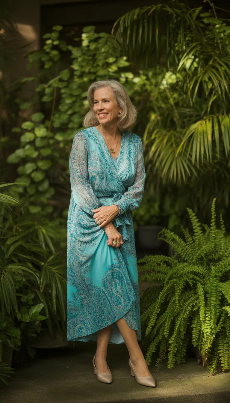 Turquoise Paisley Wrap Dress A beautiful 68-year-old woman in a long sleeved turquoise and blue paisley print wrap dress with neutral pointed toe flats, she stands in front of tropical plants.
