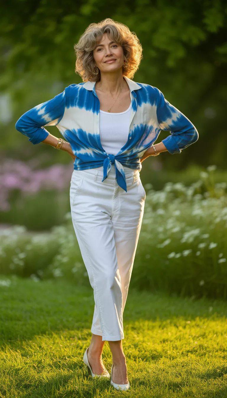 The Tied Waist Statement A beautiful 66-year-old woman in white cropped pants, a white tank top, and a blue and white tie dye long sleeve shirt tied at the waist with white heels, she stands outdoors.