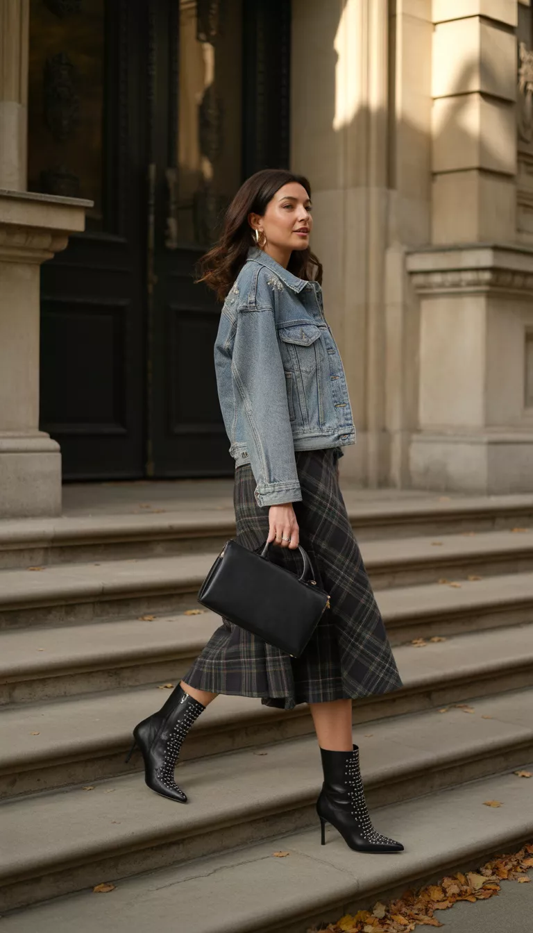 full-body fashion photograph of a 36-year-old woman sitting on stone steps near a building entrance, wearing a denim jacket with a plaid midi skirt and black studded stiletto boots, holding a black structured handbag, afternoon shadows, medium framing, denim and plaid textures