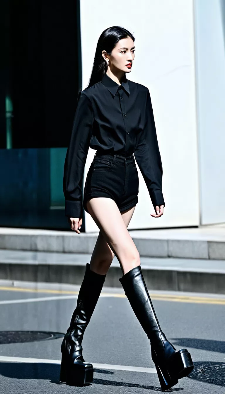 full-body fashion photograph of a 22-year-old woman walking on the street, wearing an all-black outfit with a long-sleeved button-up tucked into very short shorts and extremely high platform black boots, direct sun, edgy urban vibe, cotton and chunky leather textures