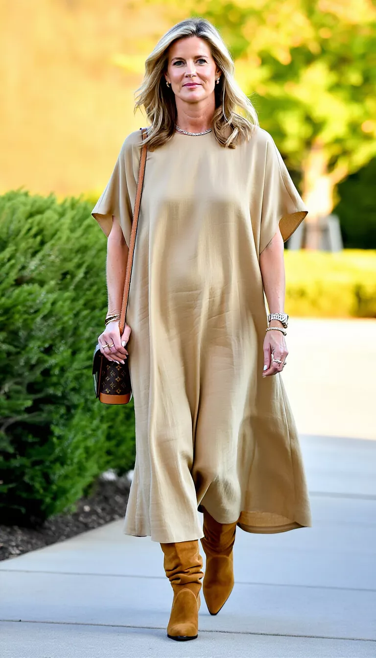 full-body fashion photograph of a 39-year-old blonde woman walking outdoors, wearing a loose-fitting tan short-sleeved midi dress and slouchy tan suede boots, carrying a monogram shoulder bag, soft natural light, relaxed afternoon vibe, linen and suede textures