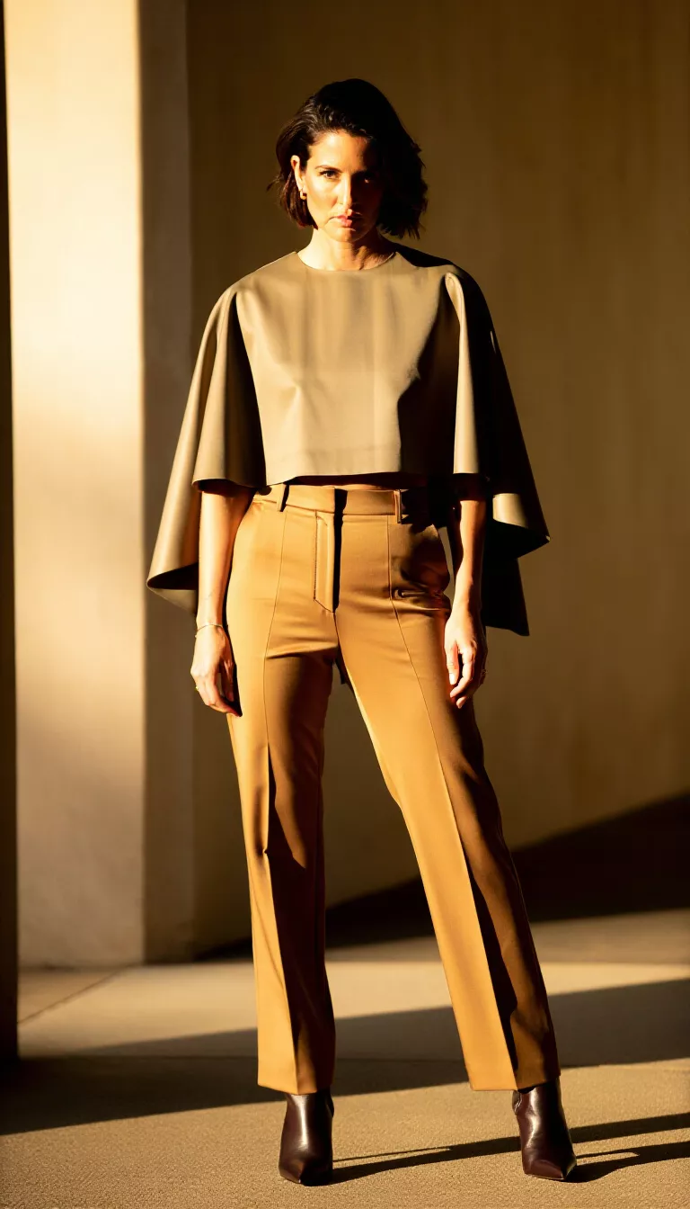 full-body fashion photograph of a 35-year-old woman with short dark hair posing outdoors, wearing a cropped khaki top with striking cape sleeves and high-waisted tan pants with dark pointed boots, golden hour light, dramatic silhouette, structured cotton and leather textures