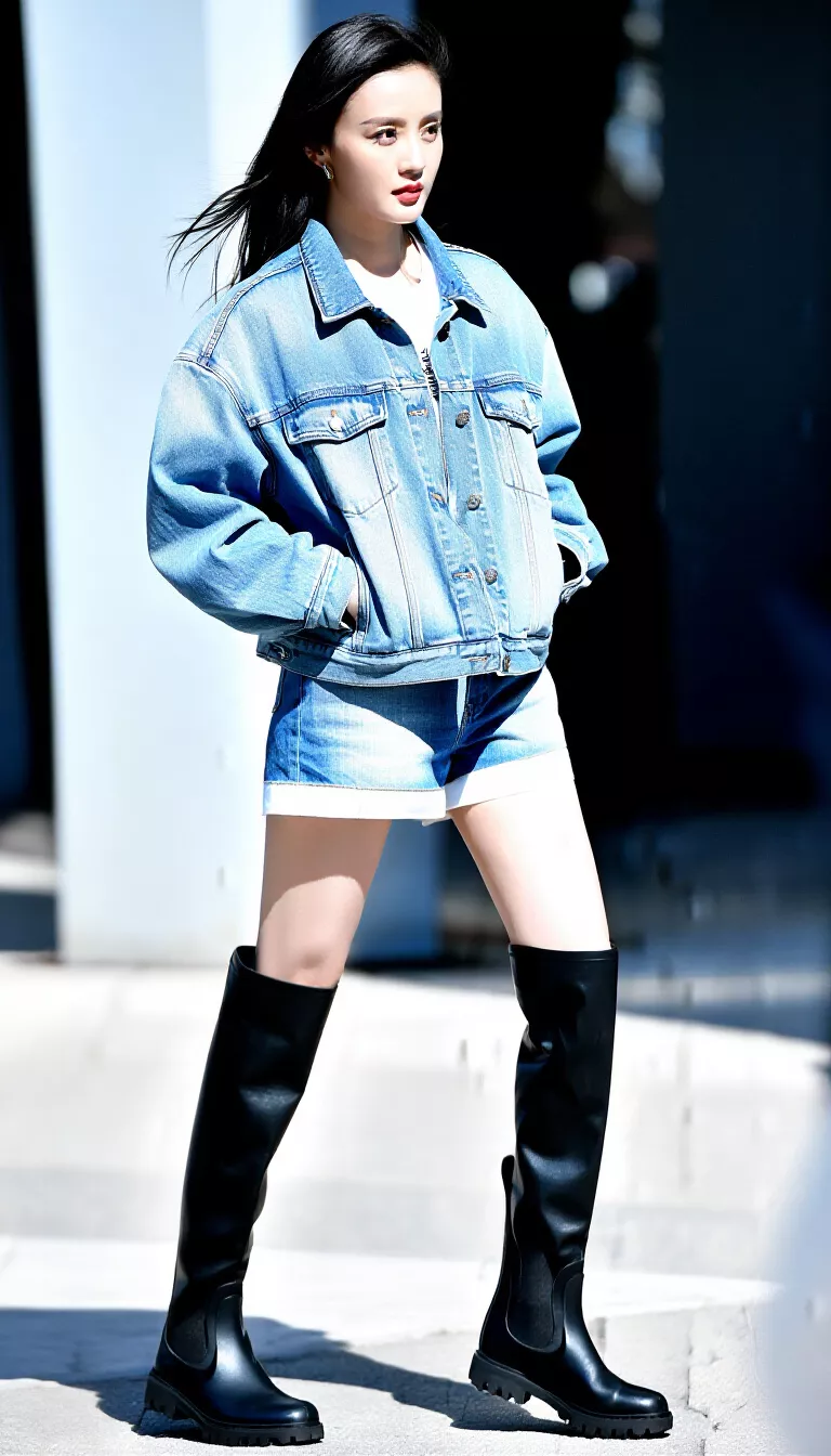 full-body fashion photograph of a 24-year-old woman posing outdoors, wearing a light-wash denim jacket and matching shorts with black lug-sole knee-high boots, bright daylight, high contrast, denim and heavy rubber textures