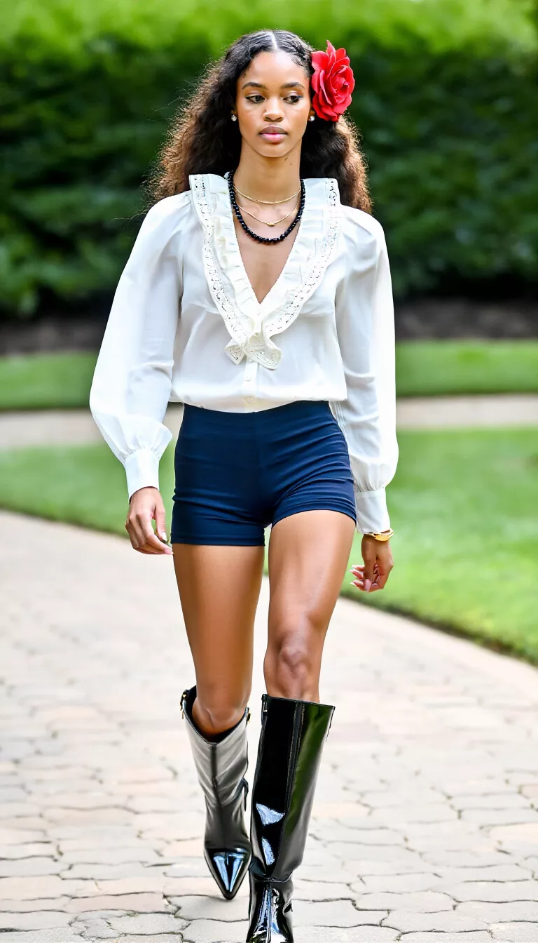 full-body fashion photograph of a 22-year-old woman walking outdoors, wearing a white ruffled blouse with navy sporty shorts and shiny black tall boots, red flower hair clip, beaded necklace, soft daylight, eye-level shot, athletic and romantic textures mixed