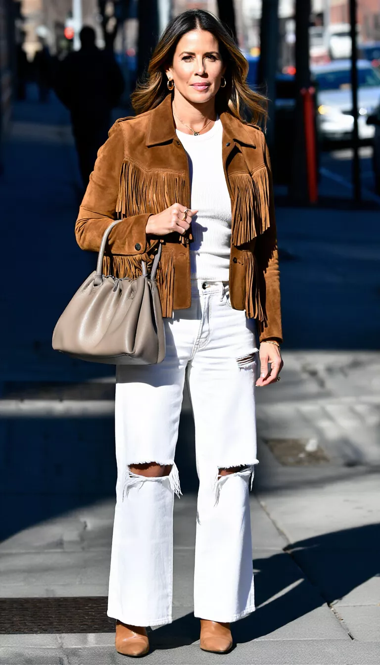 full-body fashion photograph of a 38-year-old woman on a sunny city street, wearing a fringed brown suede jacket over a white top with ripped wide-leg white jeans and a taupe bag, direct sunlight, street level framing, suede and distressed denim textures