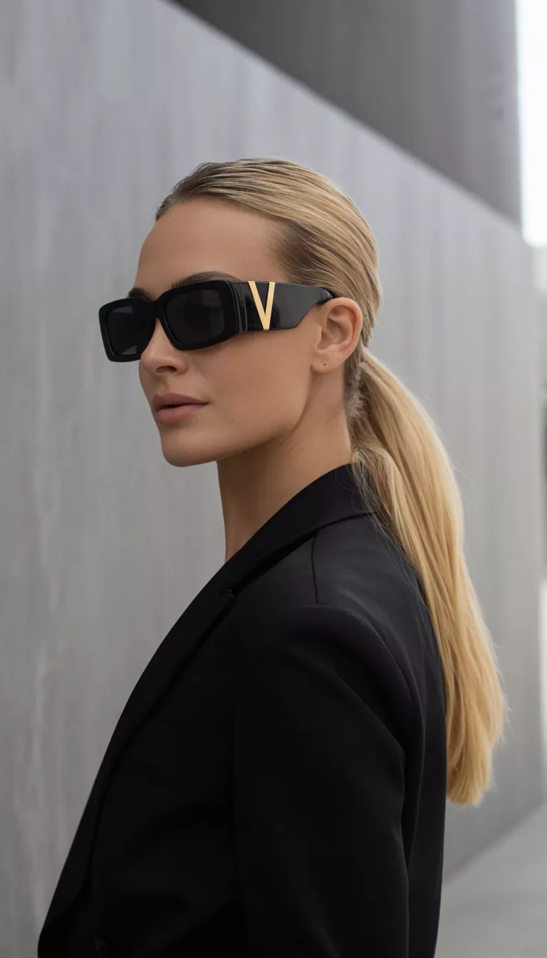 A woman with long blonde hair in a high ponytail wearing trendy black rectangular sunglasses with a gold V accent posing against a plain background.