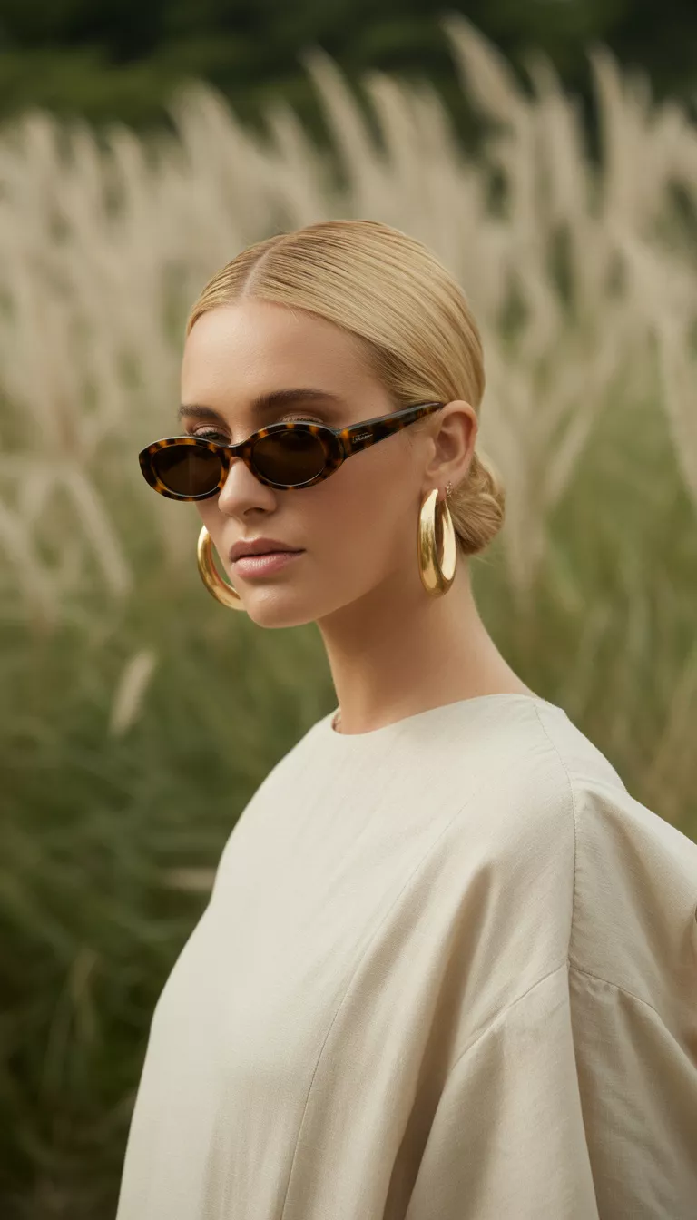 A woman with blonde hair slicked back wearing small oval tortoiseshell sunglasses and large gold hoop earrings standing outdoors in natural light.